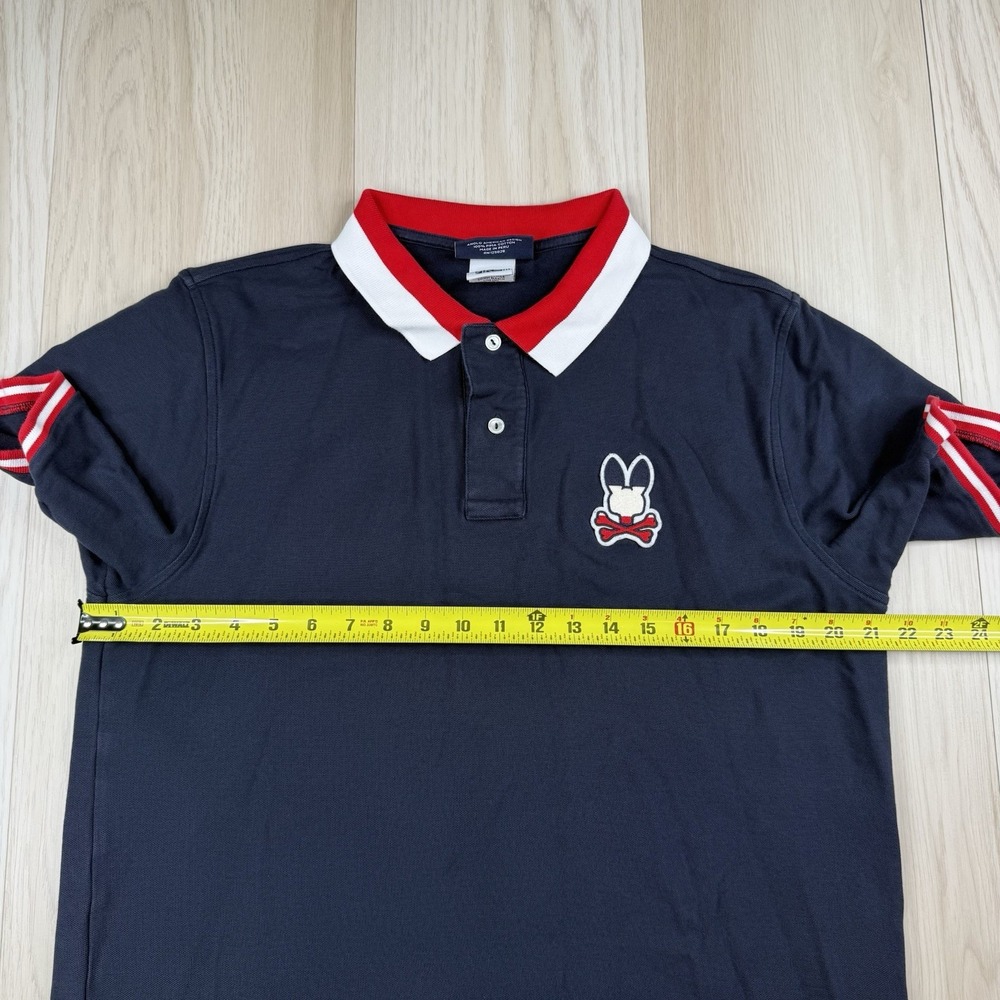 Psycho Bunny Polo Shirt Pima Cotton Skull Bunny Logo Striped Trim Size 7 Navy - Picture 6 of 10